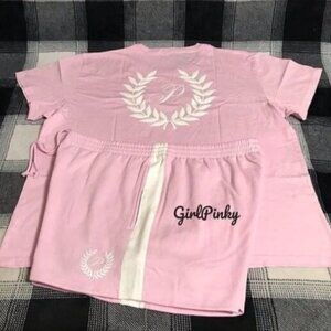 VS PINK shorts OUTFIT & CAMPUS TEE IN SPRING ORCHID WITH WHITE LOGO